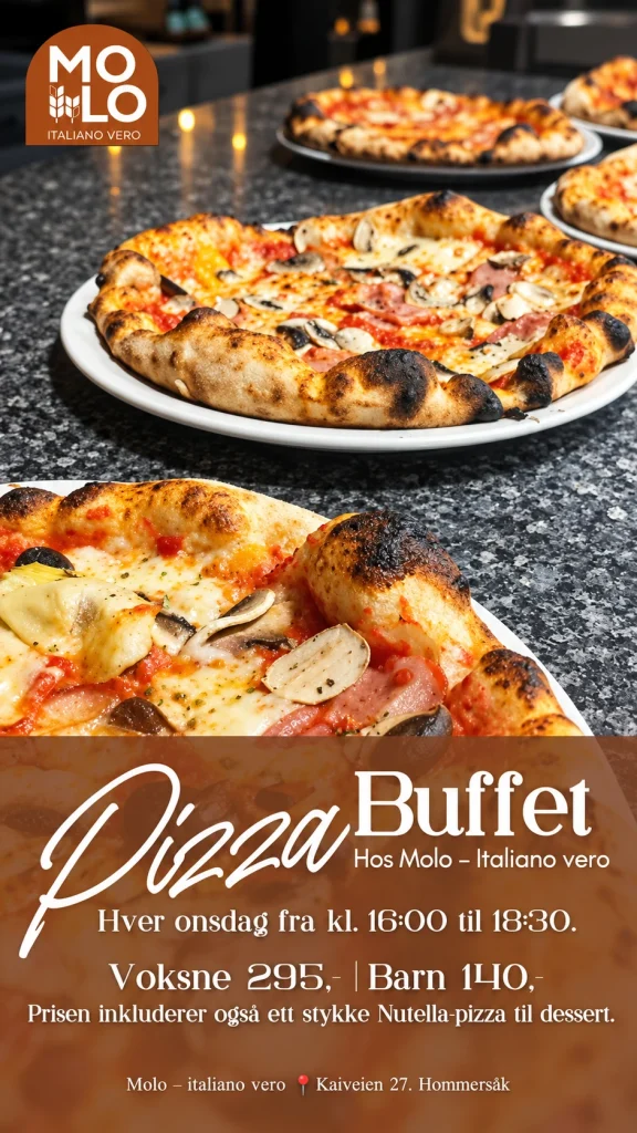 Pizzabuffet hos MOLO hver onsdag kl. 16:00–18:30. Voksne 295,- og barn 140,-. Inkluderer ett stykke Nutella-pizza.